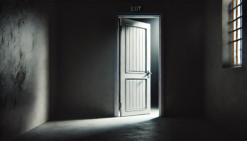 Image of an exit door in a dark room, slightly ajar with a faint, eerie light spilling through, highlighting the door's edges against the shadowy surroundings. The mood is tense, evoking mystery and uncertainty about what lies beyond.